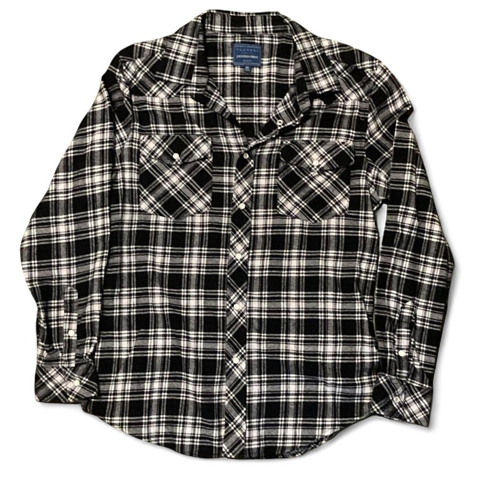 Jackson Hole black white pearl snap flannel shirt western M/20.5